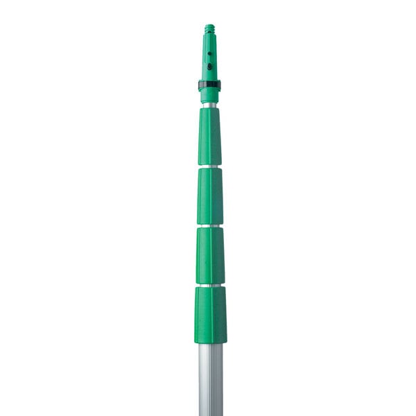 A green and silver Unger TelePlus telescopic pole with an ErgoTec locking cone.