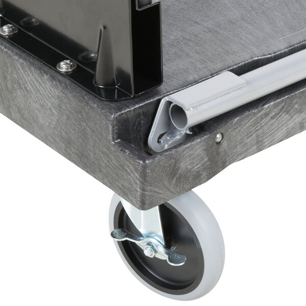 A black Rubbermaid cart with wheels and a metal handle.