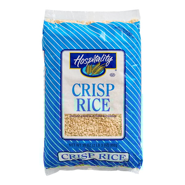 A blue and white bag of Crisp Rice Cereal with a label.