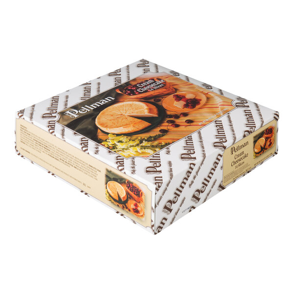 A box of Pellman pre-cut plain New York-style cheesecake, wrapped in branded packaging with images of the cheesecake on the box.