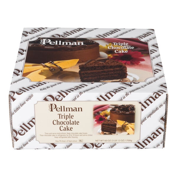 A box labeled 'Pellman Triple Chocolate Cake' featuring an image of a chocolate layer cake with a slice cut out, decorated with flowers and a cake server.