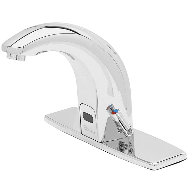 A silver T&S ChekPoint deck mounted hands-free sensor faucet with a water spout.