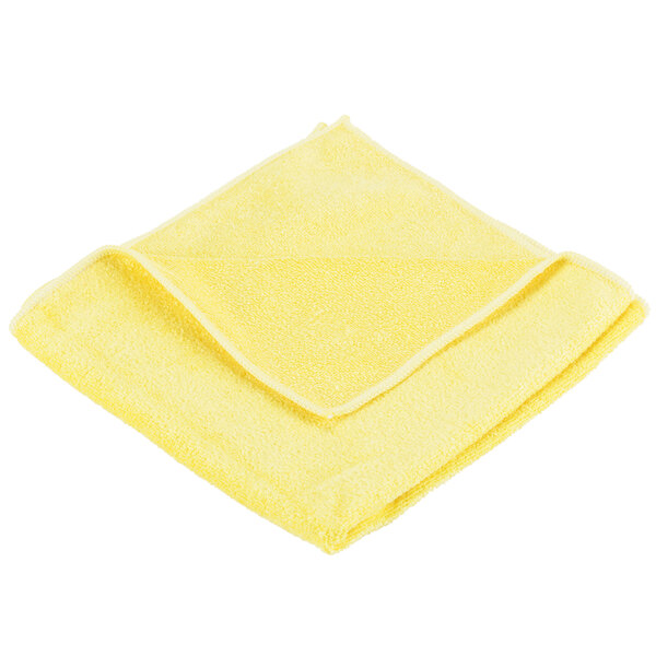 A yellow Unger SmartColor microfiber cleaning cloth folded up on a white background.