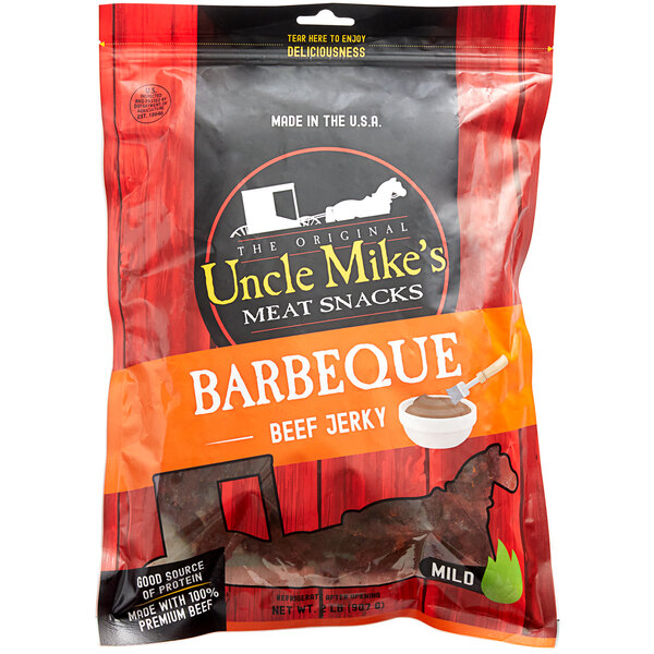 A white Uncle Mike's BBQ Flavor Beef Jerky bag.
