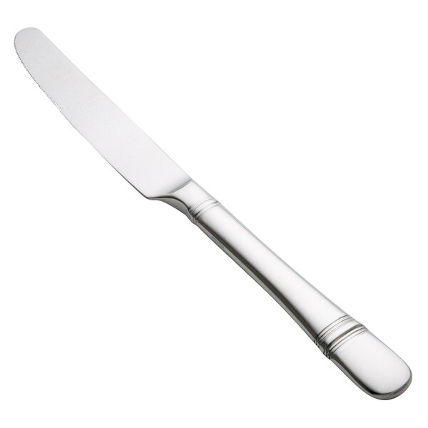 A Oneida stainless steel table knife with a silver handle.