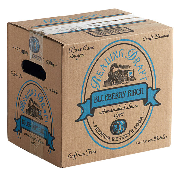 A cardboard box of Reading Soda Works Blueberry Birch Beer with blue labels.