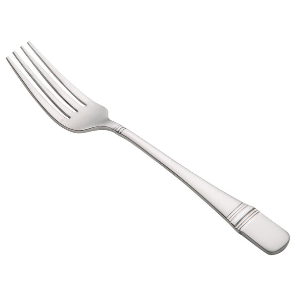 An Oneida Astragal stainless steel table fork with a silver handle.