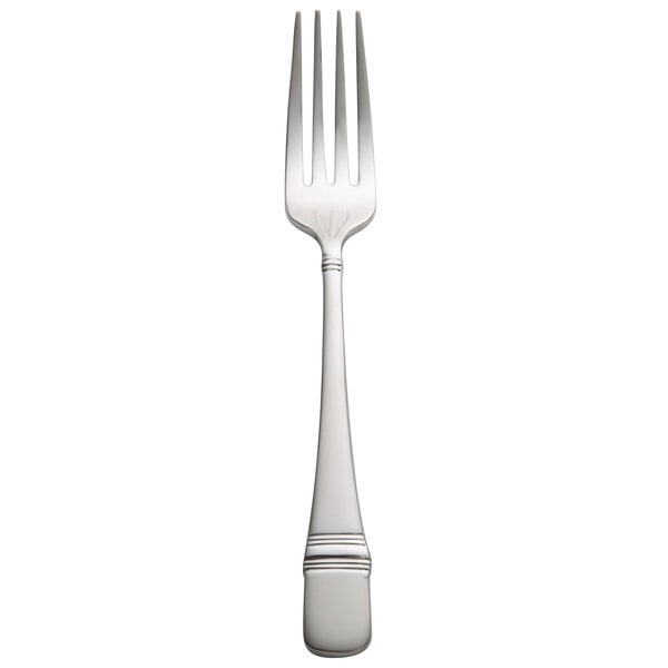 An Oneida stainless steel table fork with a silver handle.