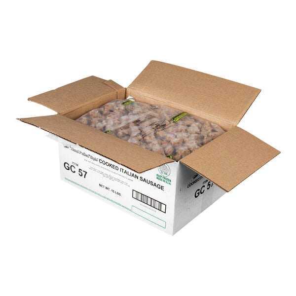 A box of Fontanini 15 lb. hand pulled style cooked Italian sausage with the contents visible in a plastic bag inside the open cardboard box.