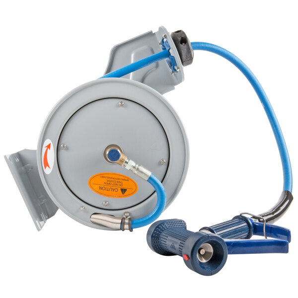 A T&S wall mounted hose reel with a hose attached.