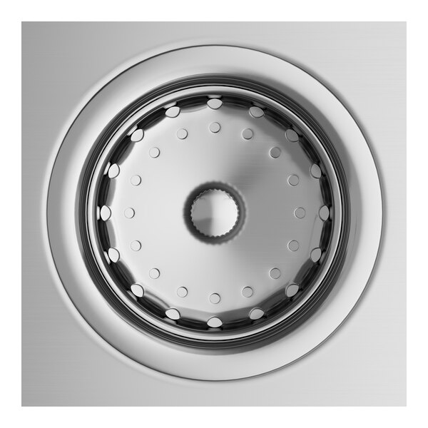 A close up of a Regency stainless steel wall-mounted hand sink drain.