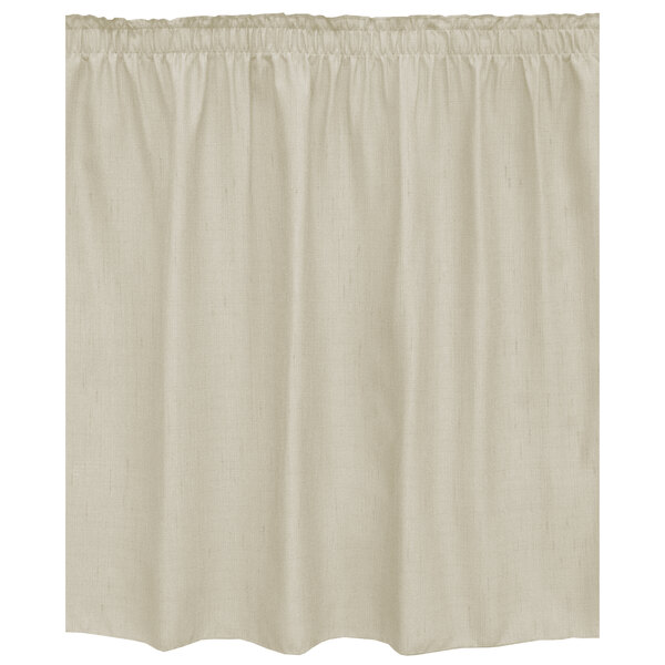 A straw Snap Drape shirred pleat table skirt with a ruffled edge.