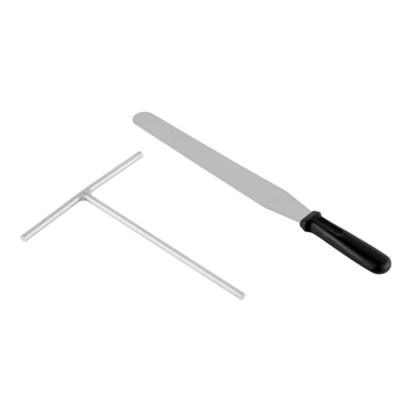 A crepe making tool set including a T-shaped spreader and an offset spatula with a black handle.