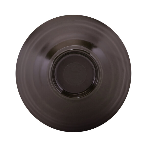 A black melamine bowl with a brown rim and a black circle in the middle.