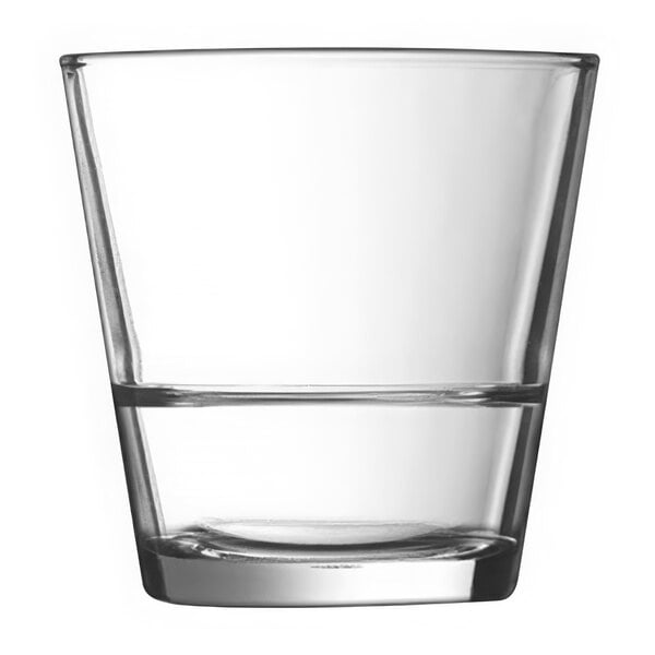 An Arcoroc clear Rocks glass filled with water.