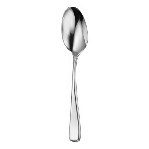 A close-up of a Oneida Perimeter stainless steel teaspoon with a silver handle and spoon.