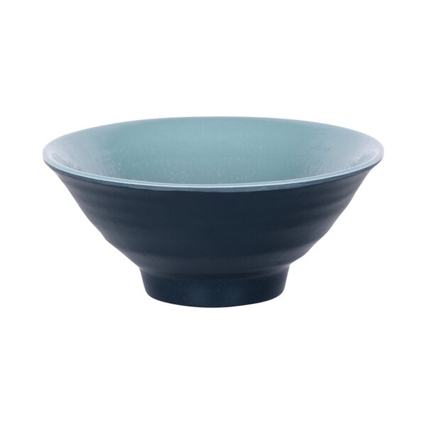 Abyss and lapis blue round melamine bowl with a black base.