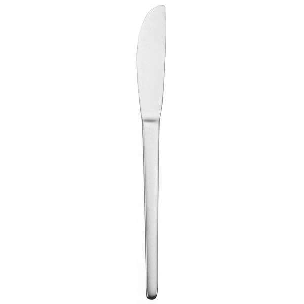 A silver Oneida Apex butter knife with a white handle.