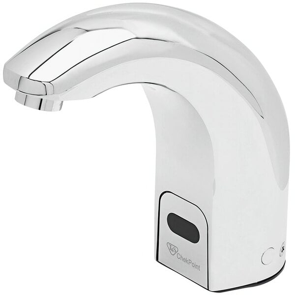 A silver T&S deck mounted hands-free sensor faucet with a touch control.