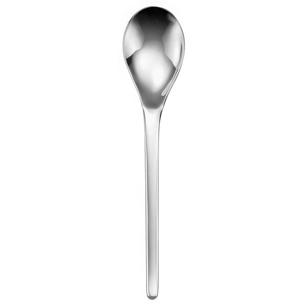 A Oneida Apex stainless steel soup spoon with a long handle.