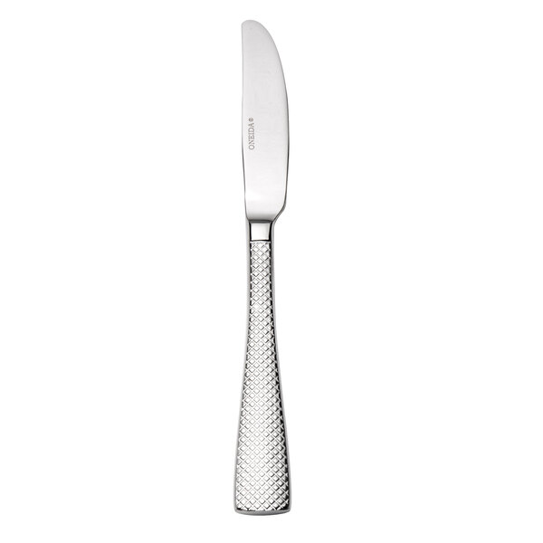 An Oneida stainless steel butter knife with a textured handle.