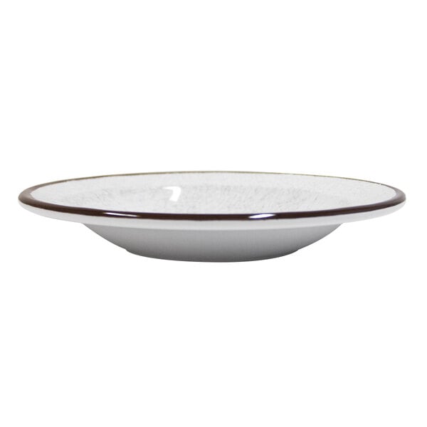 A white melamine bowl with a brown crackle rim.