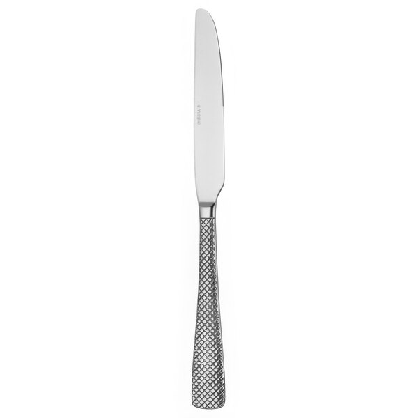A silver Oneida Jade stainless steel dinner knife with a pattern on the handle.