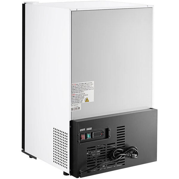 A white Avantco countertop display refrigerator with a swing door.