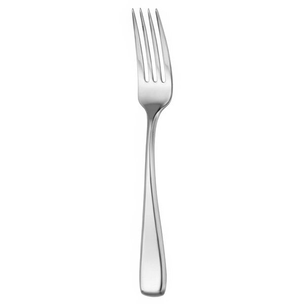 A close-up of a Oneida Perimeter stainless steel table fork with a silver handle.