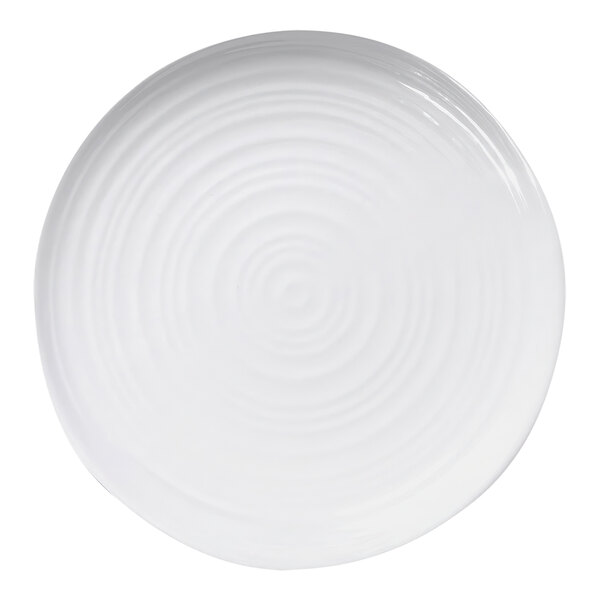 A white Elite Global Solutions melamine plate with a spiral pattern.