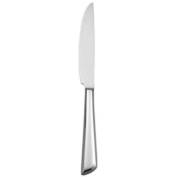 A silver knife with a white handle.