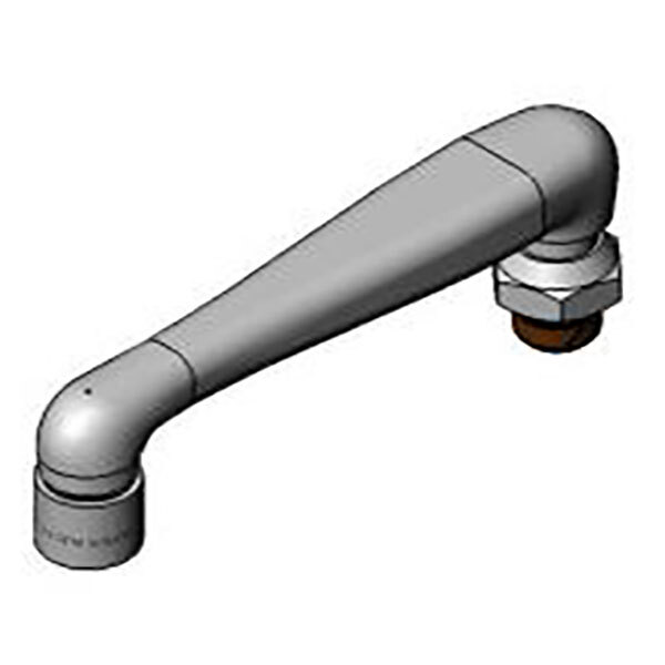 A grey sink faucet with a T&S 6" swing cast nozzle and vandal-resistant aerator.