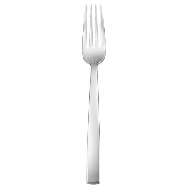 A silver Oneida Libra stainless steel dinner fork with a white handle.