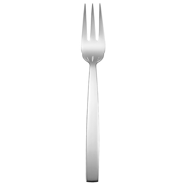 An Oneida Libra stainless steel fish fork with a silver handle.