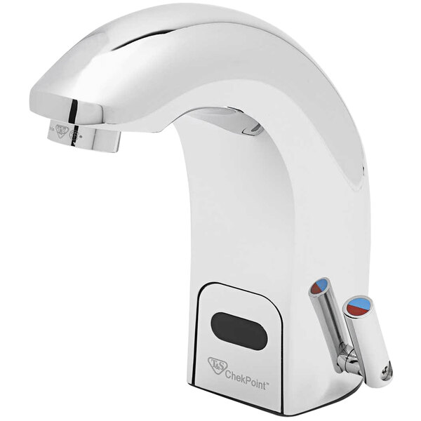 A close-up of a T&amp;S chrome hands-free sensor faucet.