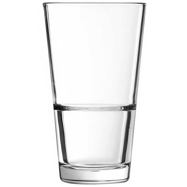 An Arcoroc customizable cooler glass filled with water on a white background.