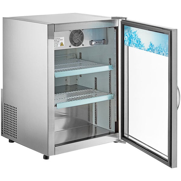 An Avantco stainless steel countertop display refrigerator with a glass door and a silver interior.
