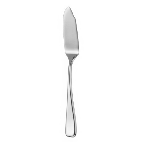 A Oneida Perimeter stainless steel fish knife with a long white handle.