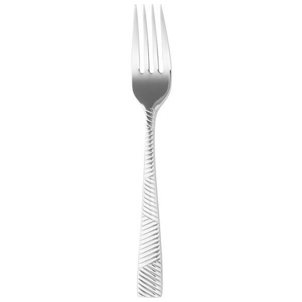 A silver 18/10 stainless steel salad/pastry fork with a design on the handle.