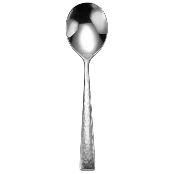 A Oneida stainless steel bouillon spoon with a long handle.