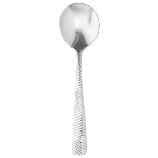 A silver bouillon spoon with a curved handle.
