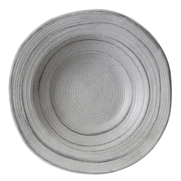 A grey Elite Global Solutions Della Terra melamine serving bowl with a spiral design on it.