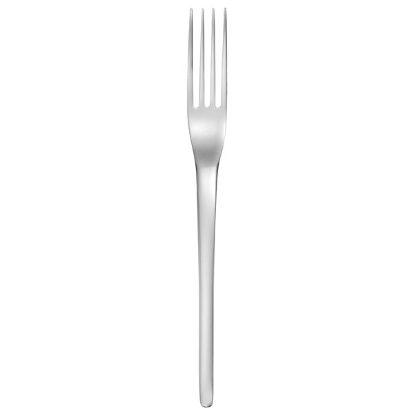 A silver fork with a white background.