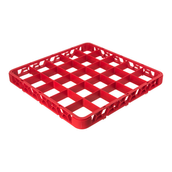 A red plastic glass rack extender with 25 compartments for dishwashing or storage.