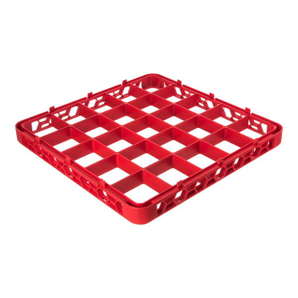 A red plastic glass rack extender with 25 compartments for dishwashing or storage.