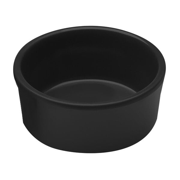 An Elite Global Solutions black melamine ramekin.