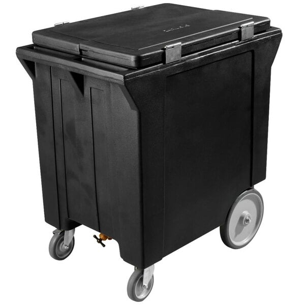 A black plastic container with wheels.