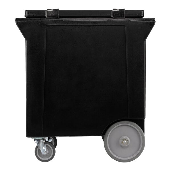 A black mobile ice bin with two large rear wheels and two smaller front caster wheels.