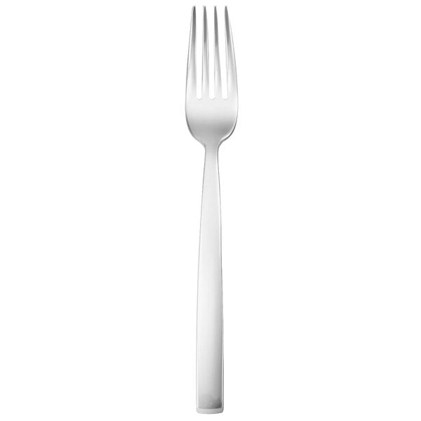 A silver fork with a white handle.