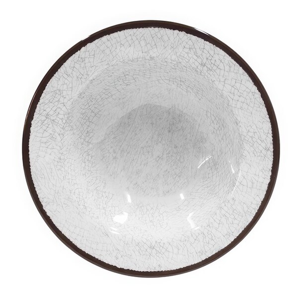 A close up of a white Elite Global Solutions melamine bowl with a brown rim.